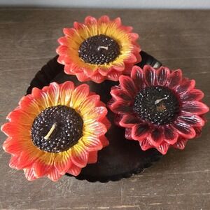 Sunflower Candle Set 3pc with Black Metal Fluted Tart Tin Tray Rustic Decor